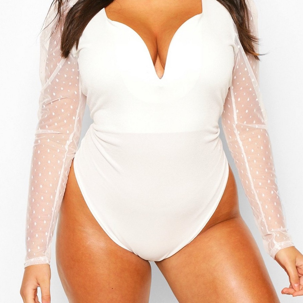 BooHoo Plunge Long Sleeve Bodysuit, Ivory/White